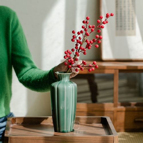 越窑青花插客厅花瓶陶瓷花器x青梅如意四方尊禅意餐桌书房摆件花