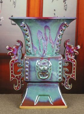 禹州钧瓷花瓶家居客厅办公室桌面陶瓷器钧窑摆件礼盒装绿色华夏鼎