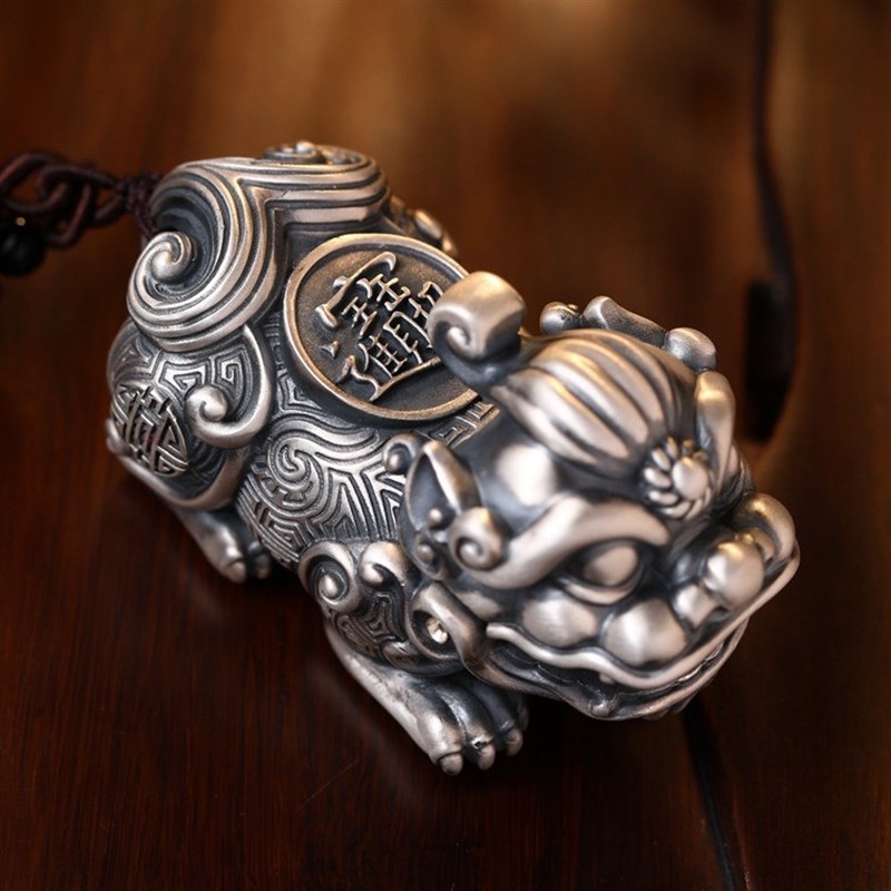 工艺品s925银八方来財貔貅手把件K创意咬钱把玩礼品车挂件