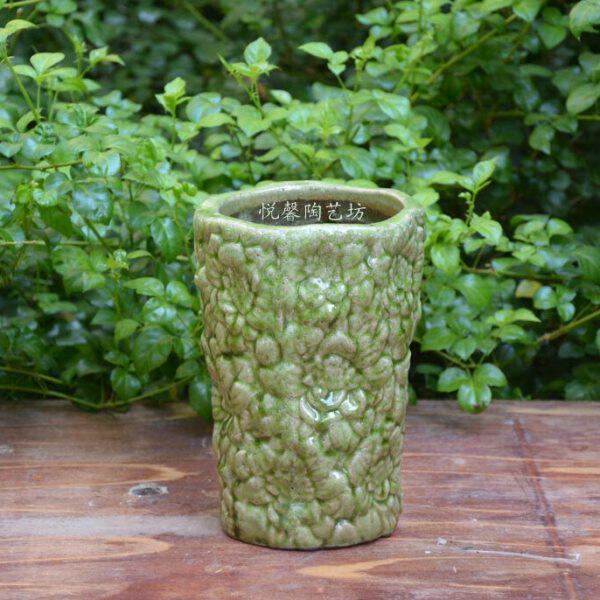 田园风格陶艺花盆 陶器 粗陶挂釉 冰裂纹 绿色清鲜陶盆 欧式花器