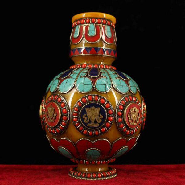 尼泊尔工艺老蜜蜡纯手工镶嵌宝石吉祥八宝花瓶摆件家居装饰收藏品