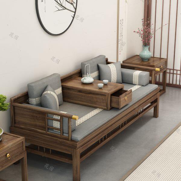 新中式老榆木罗汉床推拉实木茶桌小户型两用罗汉椅家用实木沙发床
