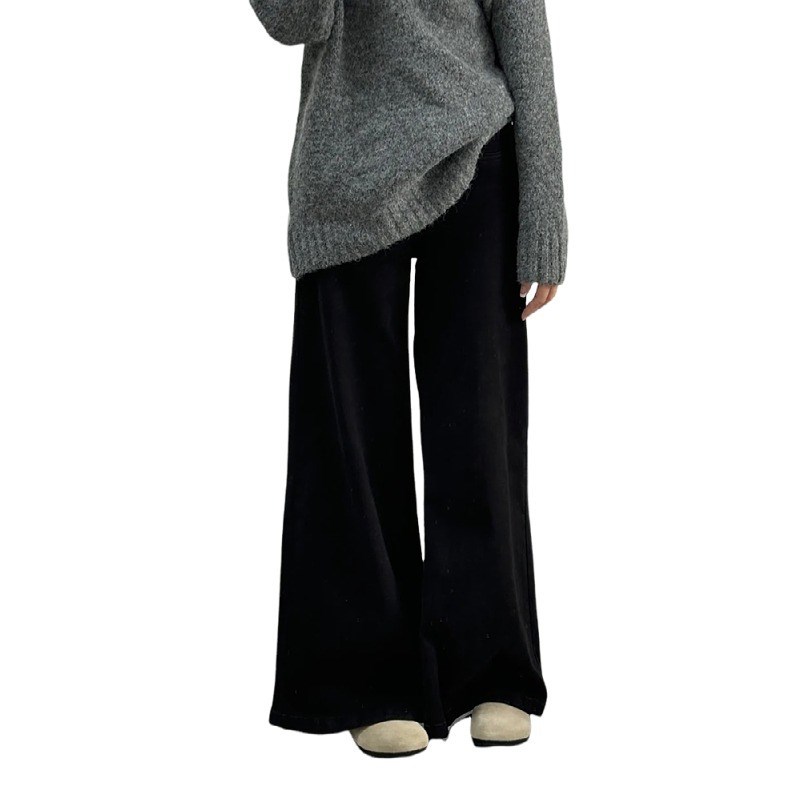 梨形身材加绒裤子女秋冬季大码黑色牛仔裤阔腿宽松不贴腿微喇叭裤