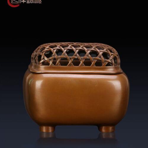 匠泽铜魂 藤编四方香薰炉紫铜香炉熏香炉仿古 檀香炉工艺品 香道