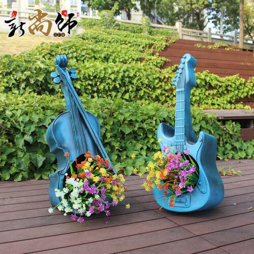 玻璃钢吉他花盆摆件创意复古乐器花缸户外阳台庭院花园种花装饰品