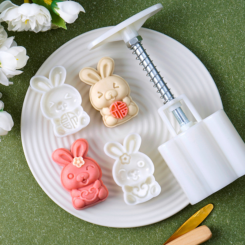 新款50bg月饼模具抱福兔子冰皮绿豆糕压花按压广式手压式家用中秋