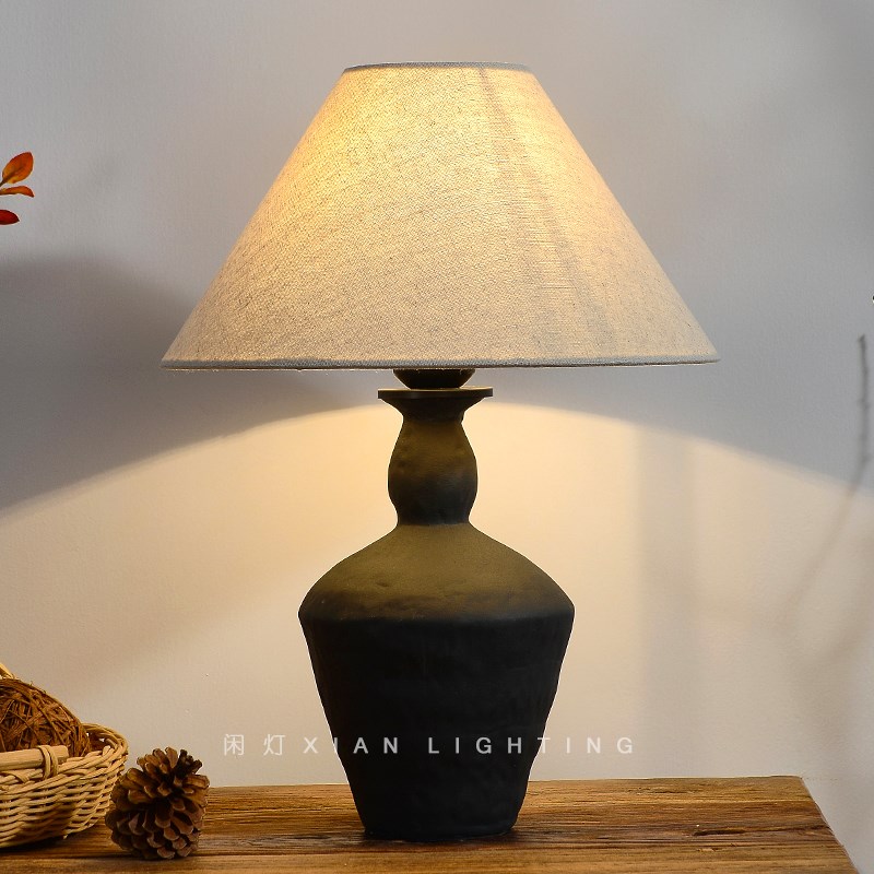 侘寂风台灯日式禅意新中式v小台灯卧室床头复古创意陶罐装饰氛围