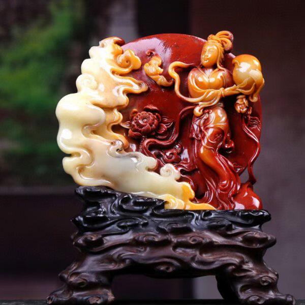 福建寿山石蟠桃女人物摆件家居客厅办公装饰摆设俏色巧雕工艺品