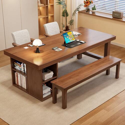 实木大板桌客厅长书桌书柜组合家用餐桌一体工作台多人阅读学习桌