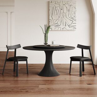 纯黑岩板餐桌圆形现代简约家用小户型2024新款 橡木复古风实木圆桌