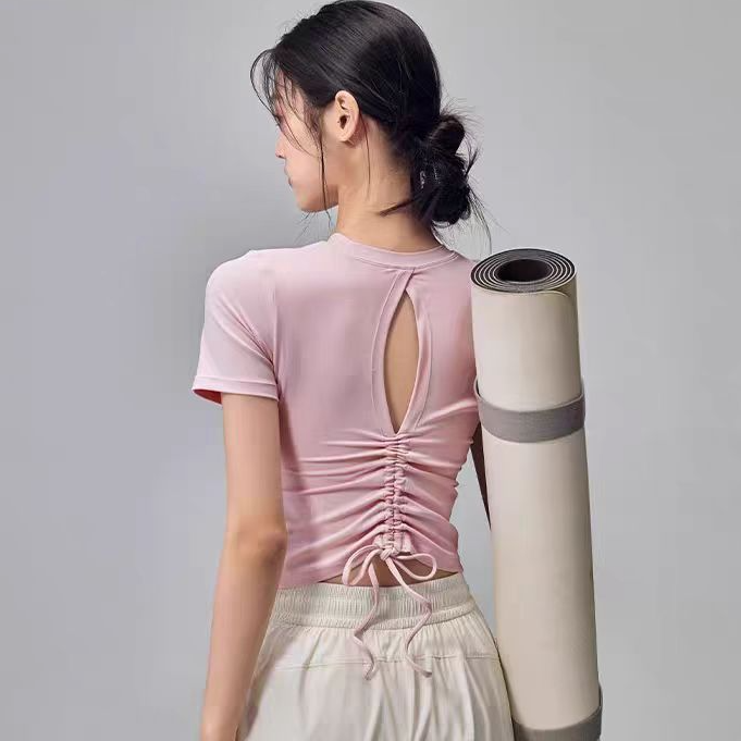 健身女孩带胸垫瑜伽服抽绳短袖2025高级感普拉提训练跑步运动上衣,运动/瑜伽/健身/球迷用品,瑜伽外套,淘宝优惠券,粉丝福利购,淘宝优惠卷