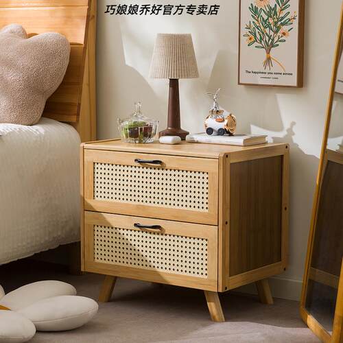 中古风实木藤编床头柜｜简约卧室