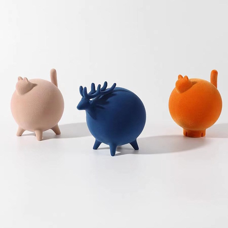 可爱卡通萌系动物植绒树脂摆件工艺品圆滚滚动物绒面树Z脂桌摆摆