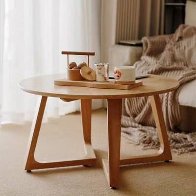 日式圆形实木茶几k客厅家用小户型原木风矮桌子樱桃色简约边几组