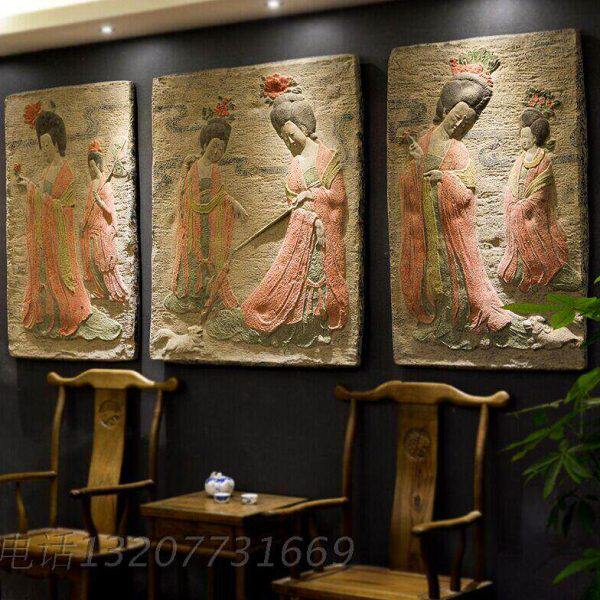 中式簪花仕女图复古仕女浮雕装饰画家居饰品背景墙壁饰仿古挂件