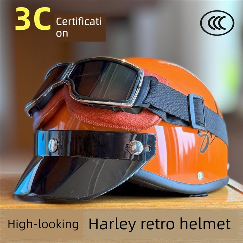 3C认证电动摩托车覆古头盔男女日本巡航踏板半头盔夏哈雷勺头盔安