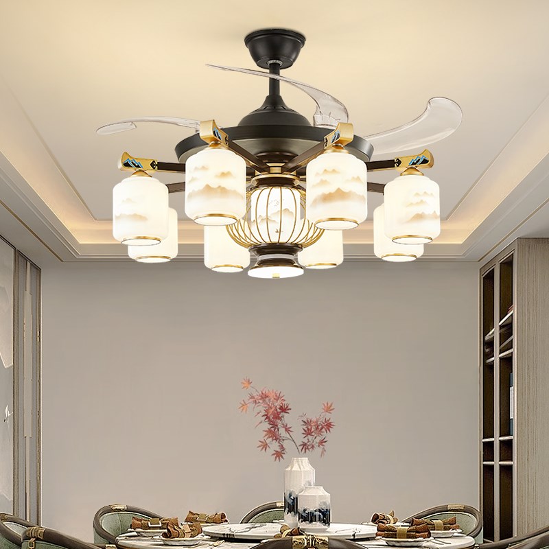 新中式客厅隐形风扇吊灯别墅卧室餐厅一体吊扇灯家用大气新款吊灯