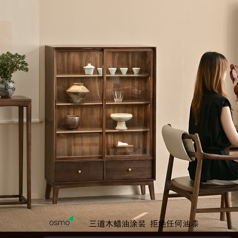 现代新中式柜子乌金木p色实木酒柜家用玻璃门展示柜装饰柜带感应