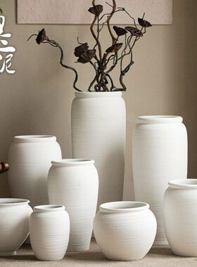 白色陶瓷花瓶简约高级感客厅插花器侘寂陶罐落地花盆摆件家居装饰