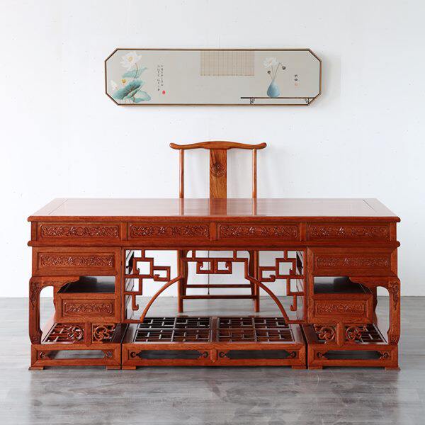 中式实木老板桌大班台仿古办公桌金花梨木书桌椅组合家具写字桌台