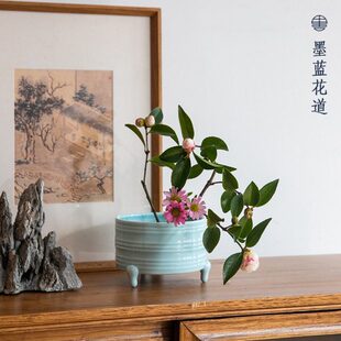 青瓷香炉花器禅意中式 花道插花器皿汝窑陶瓷小花盆剑山插花器 日式
