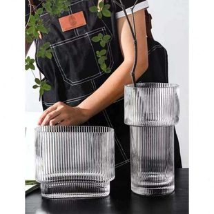 创意简约透明玻璃花瓶水养插花北欧客厅矮款宽口装饰摆件