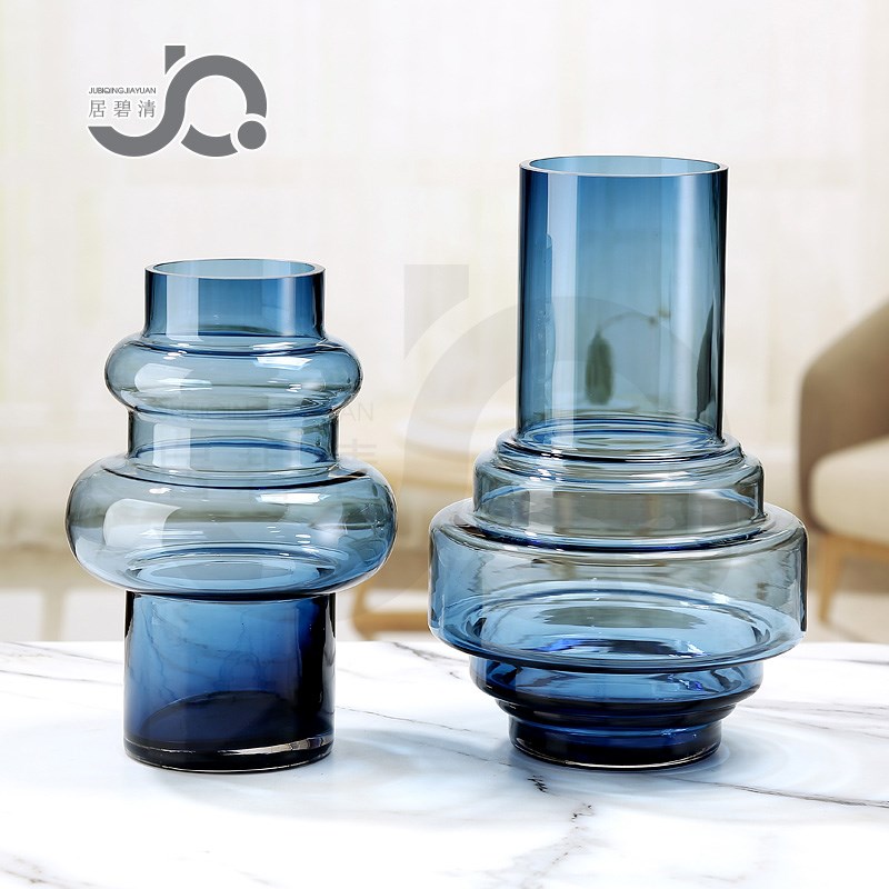 北欧简约蓝色玻璃j花瓶圆柱造型水培富贵竹插花百合玫瑰向日葵摆