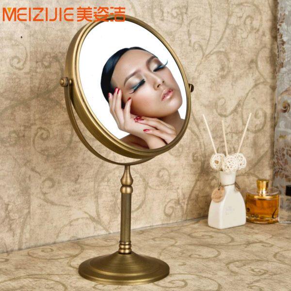全铜仿古欧式台式立式化妆镜复古美容镜可旋转双面三倍放大浴室镜