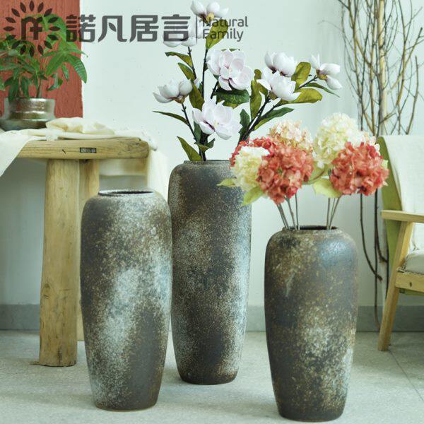 复古现代简约落地花瓶手工粗陶罐白色淡纹花器客厅土陶仿旧大花盆