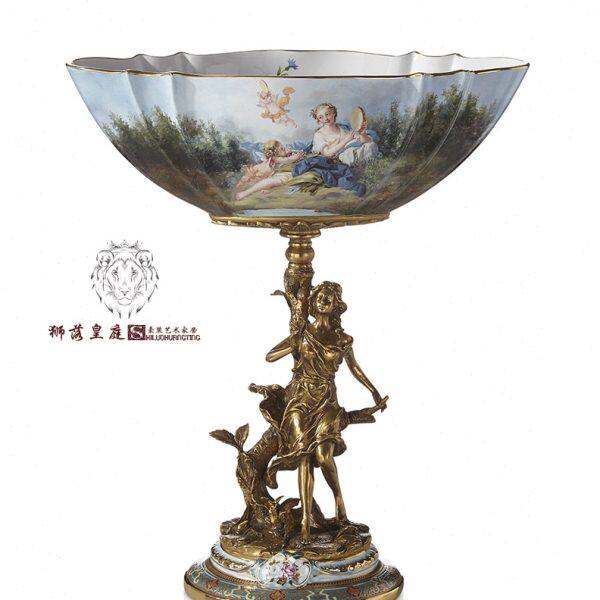 狮落皇庭高端奢华欧式装饰高脚果盘纯手工彩绘陶瓷艺术铜饰品摆件