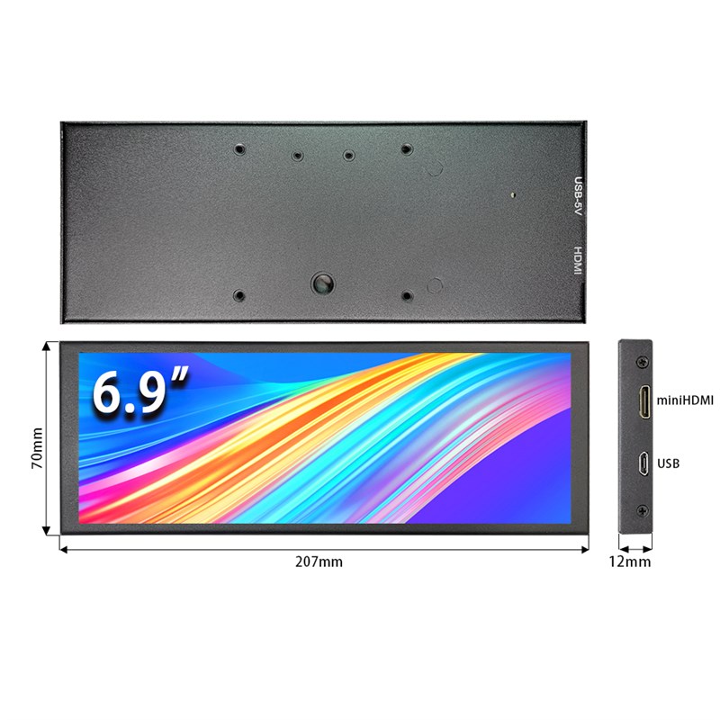 6.9寸长条HDMI副屏温度监控显示频谱快捷海景房aida64皮肤显示器