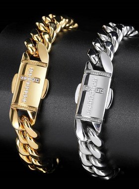 欧美爆款热销不锈钢古巴链迈阿密微镶锆石弹簧按扣个性头潮流手链