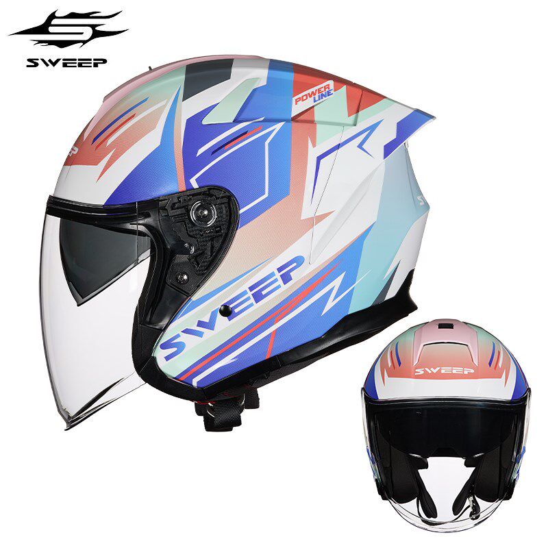 SWEEP摩托车头盔碳纤维半盔女个性双镜片四分之三盔男四季通用