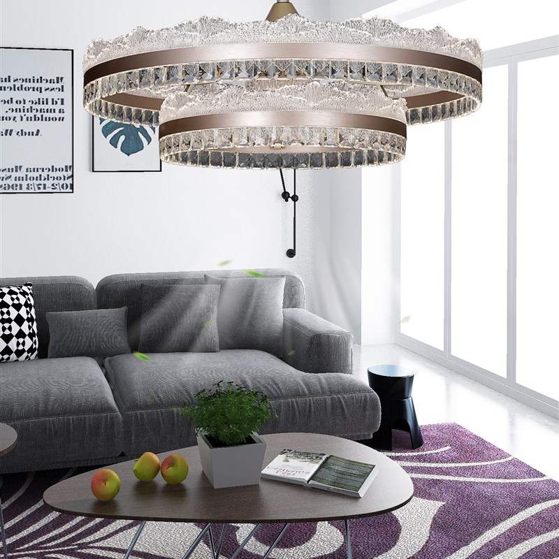 新款餐厅隐形风扇吊灯三色变光智能语音全铜变频静音电机加水晶