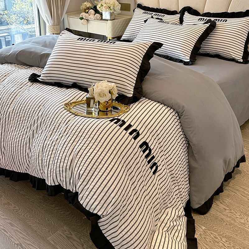 法式小香风水洗棉四件套花边款床单被套少女心公主风条纹绣花床品