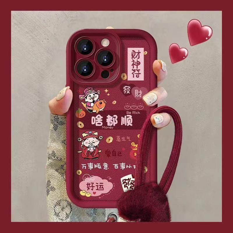 新年财神符可爱风苹果iPhone17手机壳红色财神爷iPhone16发财好运保护套创意招财防摔文字图案全包防摔13/14