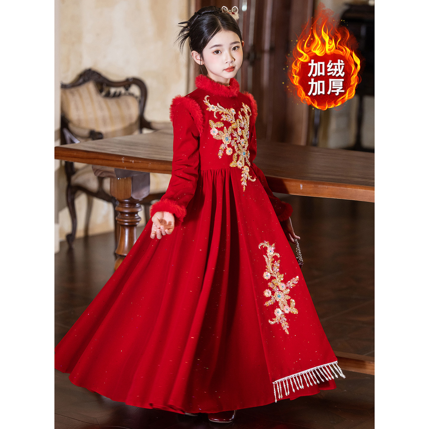 女童礼服红色连体拜年服