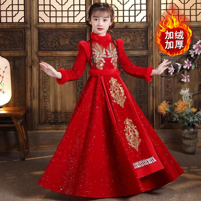 2025新款国风礼服女童儿童汉服加绒加厚红色拜年服女童冬装唐装