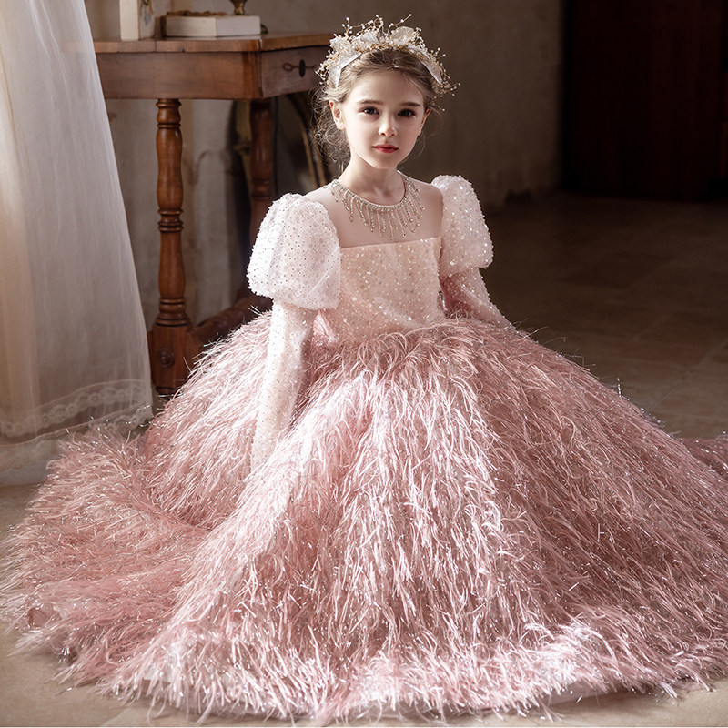 儿童礼服公主裙粉色女童主持人高端花童婚礼小女孩生日钢琴演奏服