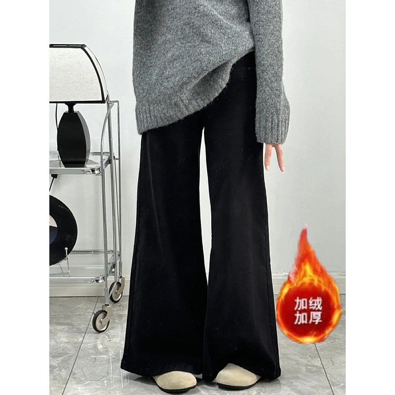 梨形身材加绒裤子女秋冬季大码黑色牛仔裤阔腿宽松不贴腿微喇叭裤