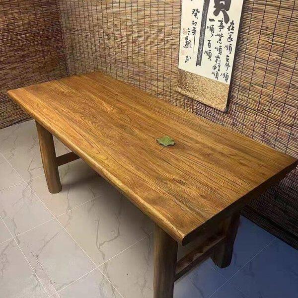 老榆木实木餐桌茶桌复古长桌办公家用书桌原木吧台民宿饭店桌简约