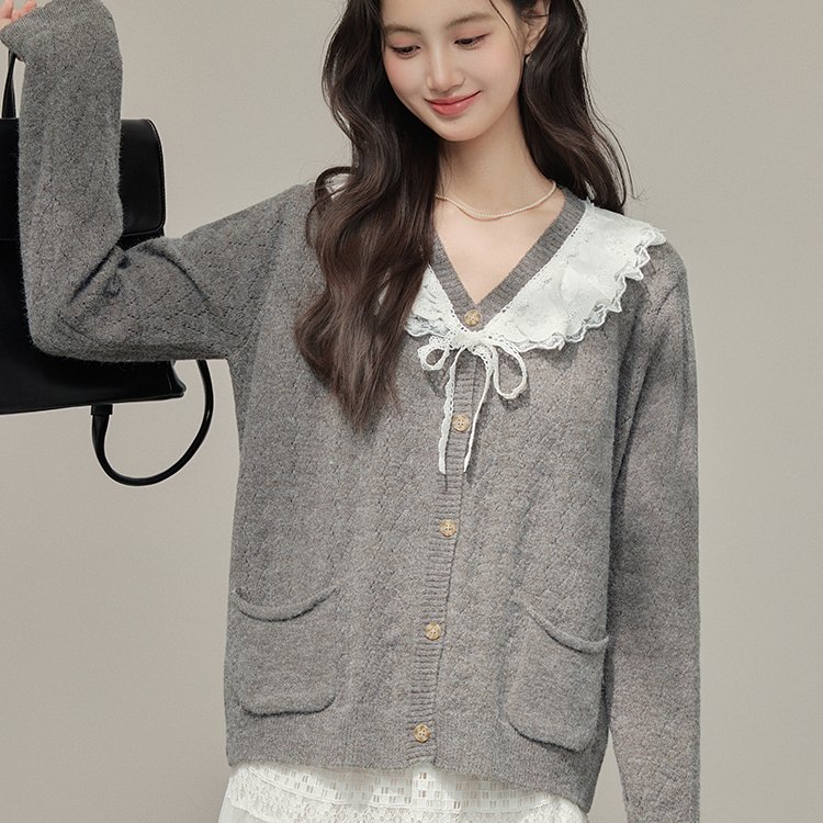 甜嗲miu系温柔慵懒学院风蕾丝V领针织毛衣开衫外套上衣女