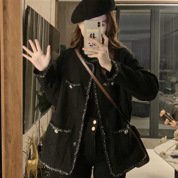 已出货实拍 秋冬装大码女装韩版编织粗花呢休闲显瘦外套上衣