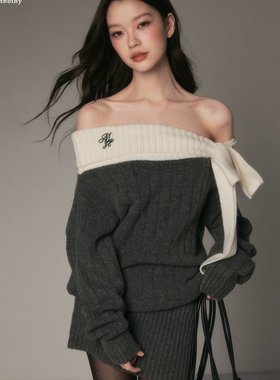 Moster Timnothy原创一字肩蝴蝶结厚款连衣裙氛围感针织长袖毛衣