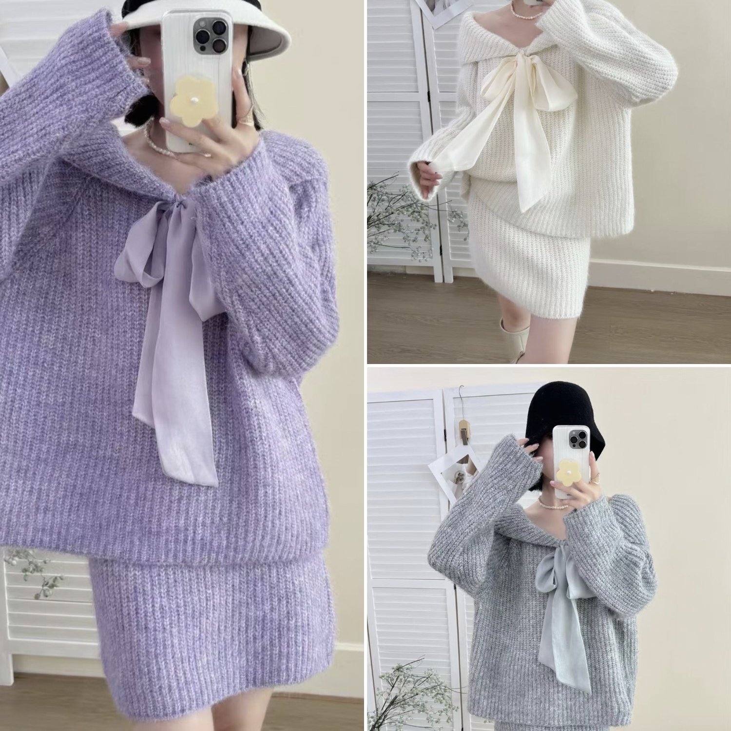 韩系穿搭氛围感自带仙仙气质蝴蝶结系带宽松休闲毛衣露肩+高腰裙