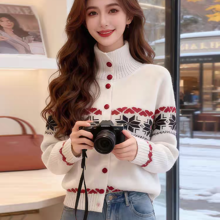 秋冬羊毛衫女圆领费尔岛提花毛衣女慵懒风加厚宽松显瘦百搭打底衫