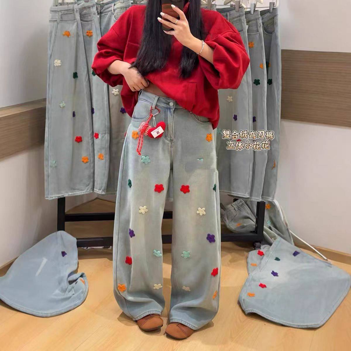 圣诞复合绒刺绣阔腿牛仔裤女冬季加绒欧货宽松小个子垂感休闲裤潮