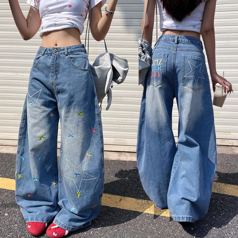 街头韩版百搭星星刺绣阔腿牛仔裤女春秋新款宽松学院风拖地牛仔裤