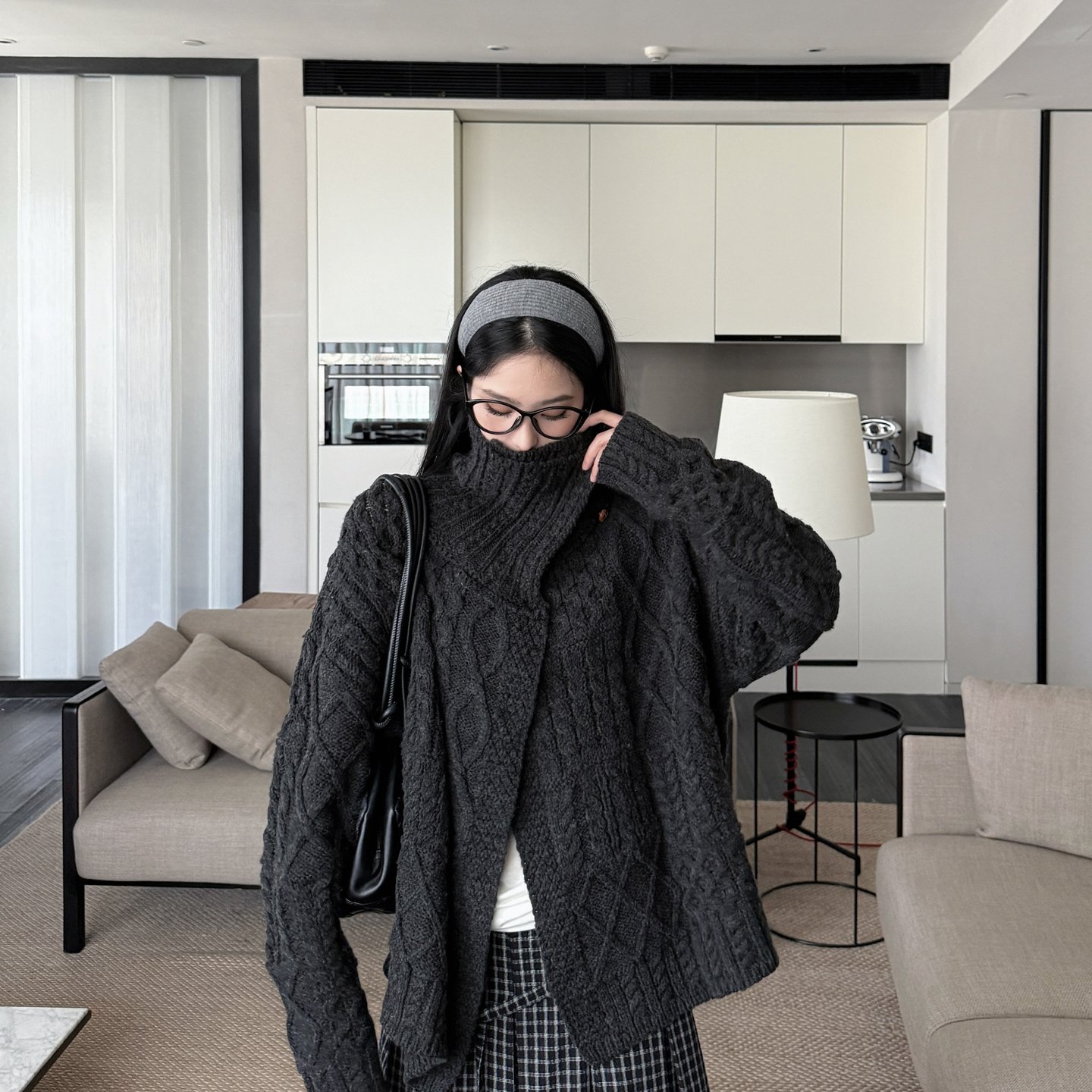 碳灰色加厚复古针织上衣开衫毛衣外套女秋冬