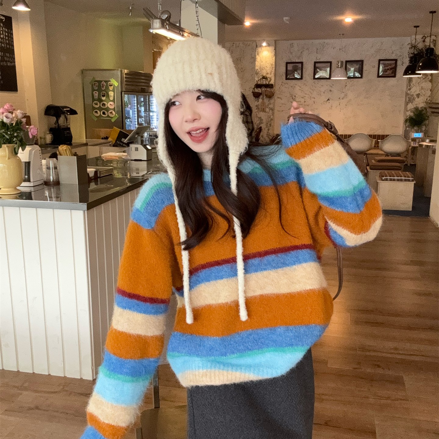 实拍 2025秋冬新款韩版拼色条纹撞色宽松长袖毛衣女宽松针织衫